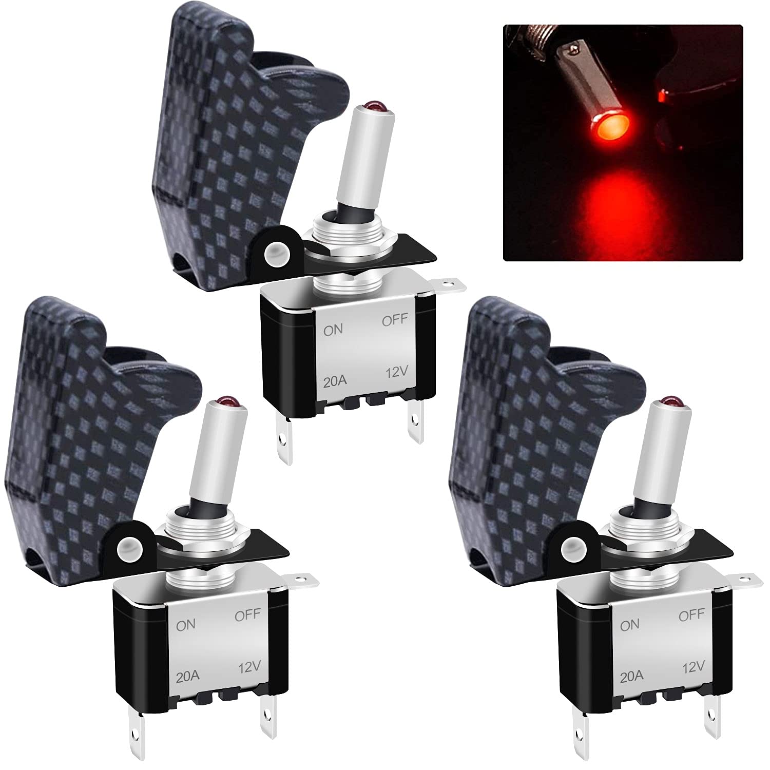 Twidec/3Pcs Rocker Toggle Switch 12V 20A Heavy Duty Racing Car Automotive Auto Spst On/Off Toggle Switch Red Led Light Illuminated 3Pin With Charcoal Grey Waterproof Safety Cover Asw-07Drgymz