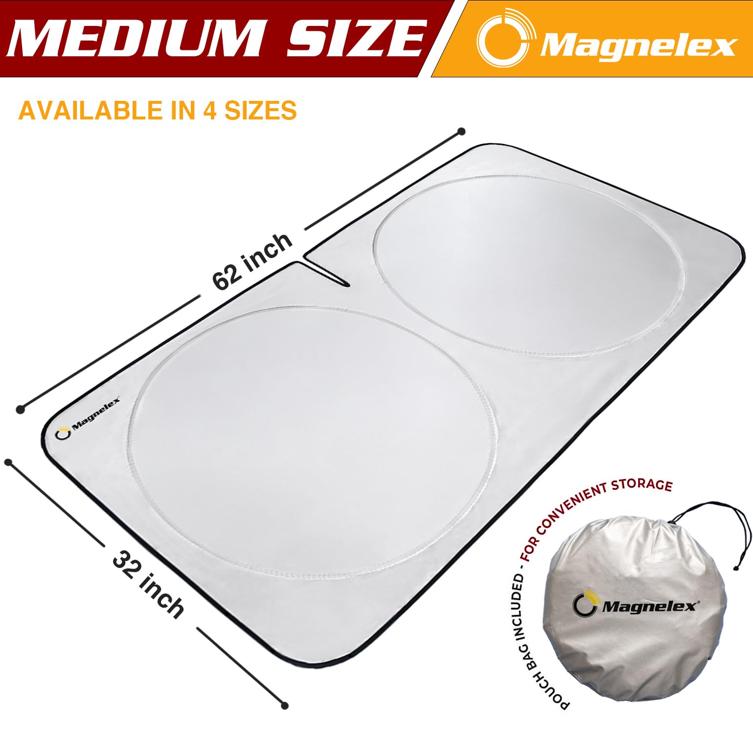 Magnelex Car Windshield Sun Shade With Storage Pouch. Reflective 240T Material Sun Visor With Mirror Cut-Out For Truck, Van Or Suv. Foldable Sun Shield For Heat And Uv Protection (Medium)