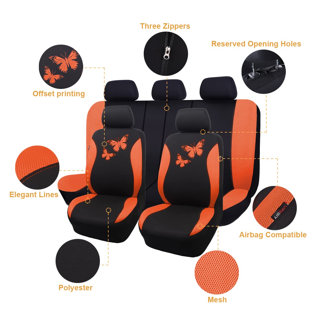 Flying Banner Butterfly Car Seat Covers Ful Set Fashion Universal Lady Woman Female Rear Bench Split Colorized (Full Set, Orange)