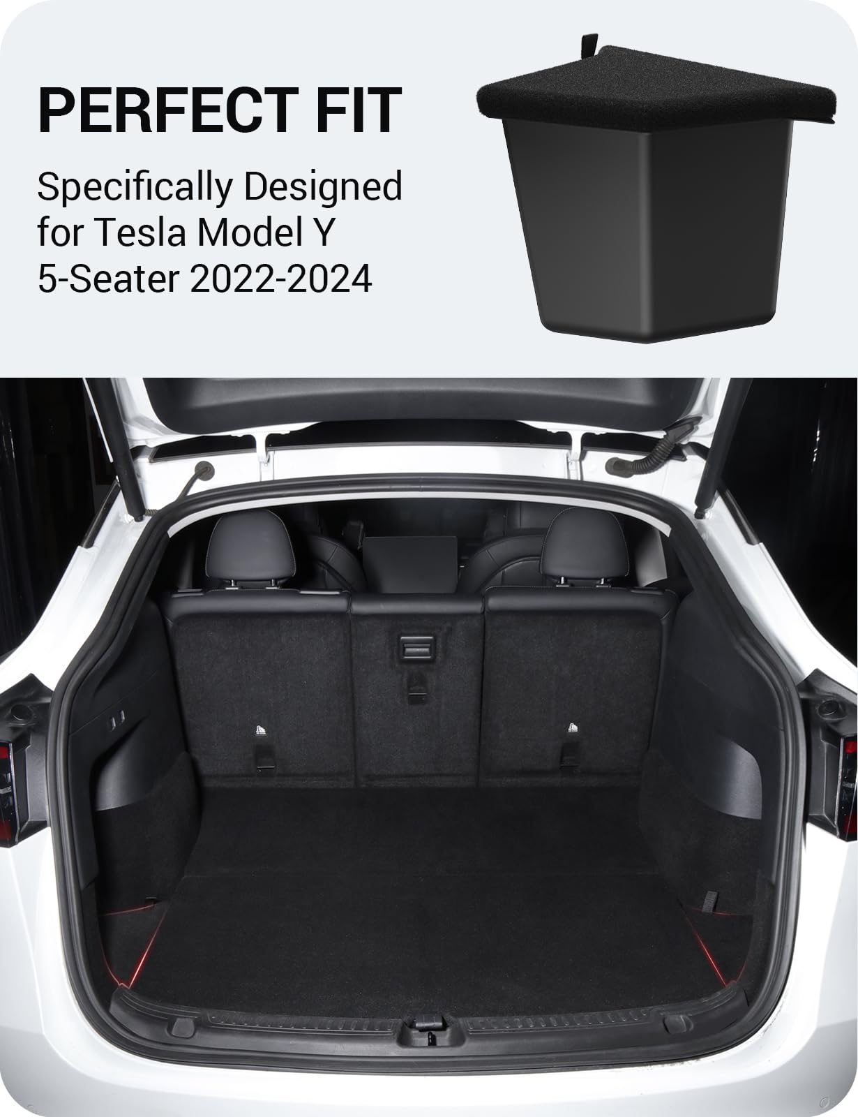 Basenor New Version 2022-2024 Tesla Model Y Trunk Organizer Trunk Storage Bins With Carpeted Lid, Waterproof Rear Side Box Inter