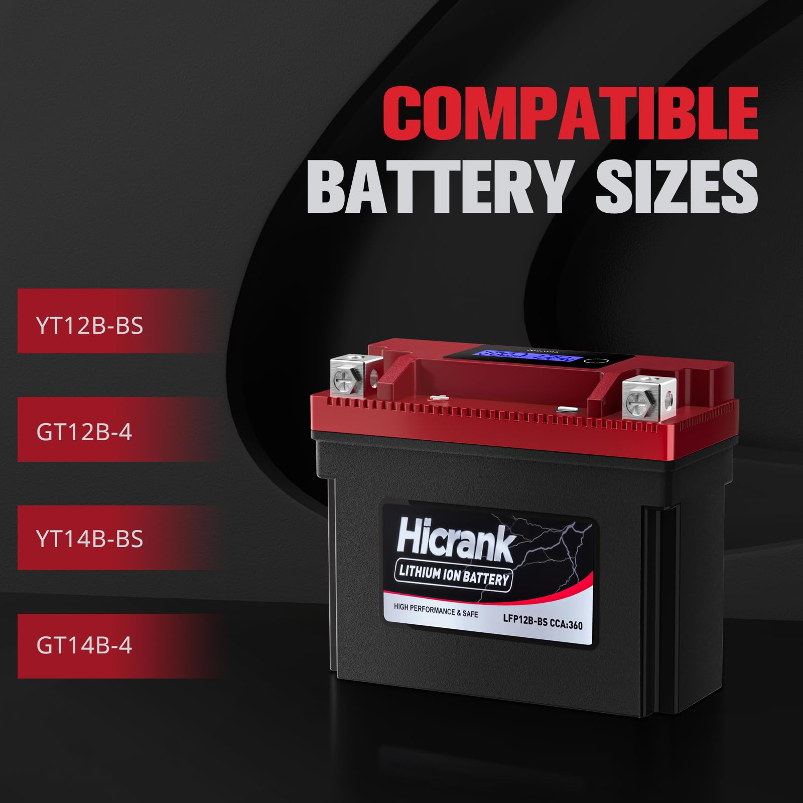 Hicrank YT12B-BS Lithium 12V 6Ah 360CCA LiFePO4 Motorcycle Battery, Powersports Battery for Scooter, ATV, UTV, Jet Ski, Personal