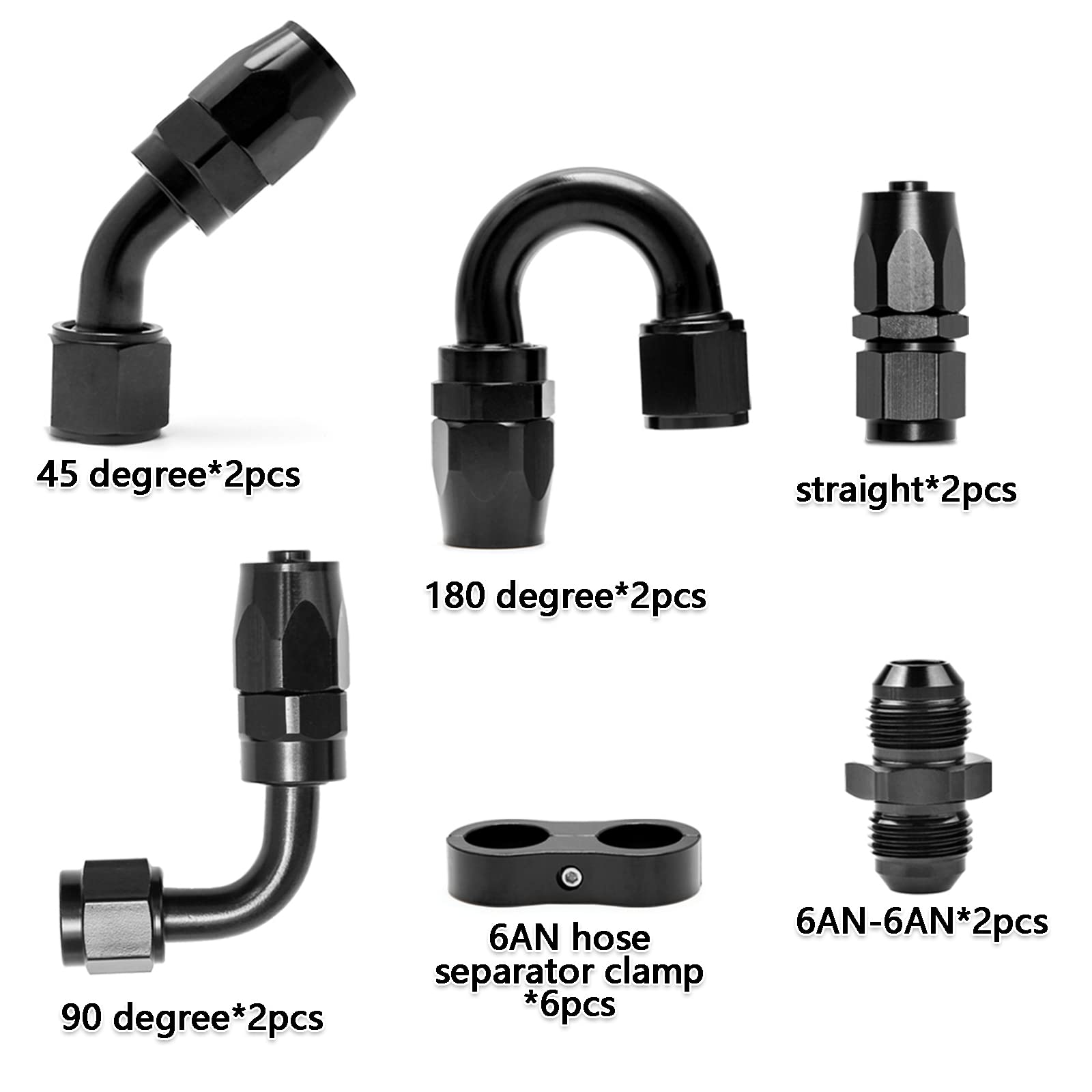 6An Swivel Fuel Hose End Fitting Straight 45 Degree 90 Degree 180 Degree 6An Hose Separator Clamp 6An To 6An Male Coupler Adapter Fitting For Braided Fuel Line Aluminum Black