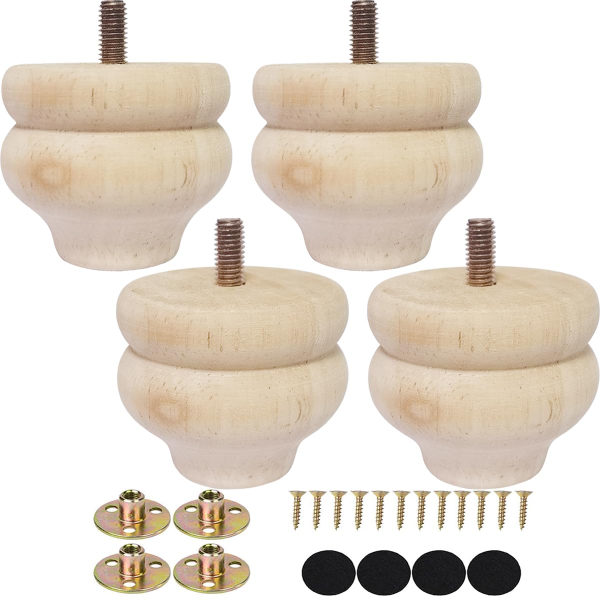 Btibpse 2 Inch Wooden Furniture Legs, Solid Wood Unpainted Replacement Furniture Legs, Cabinet Legs/Desk/Sofa/Bookcase Bun Feet, Diy Wooden Round Legs With Mounting Plate & Screws Set Of 4