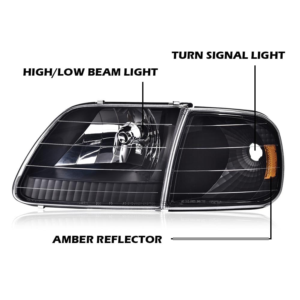 Cheda Headlights Assembly Headlamp Compatible With 1997-2003 Ford F150 / 1997-2002 Ford Expedition Chrome Housing W/Clear Corner