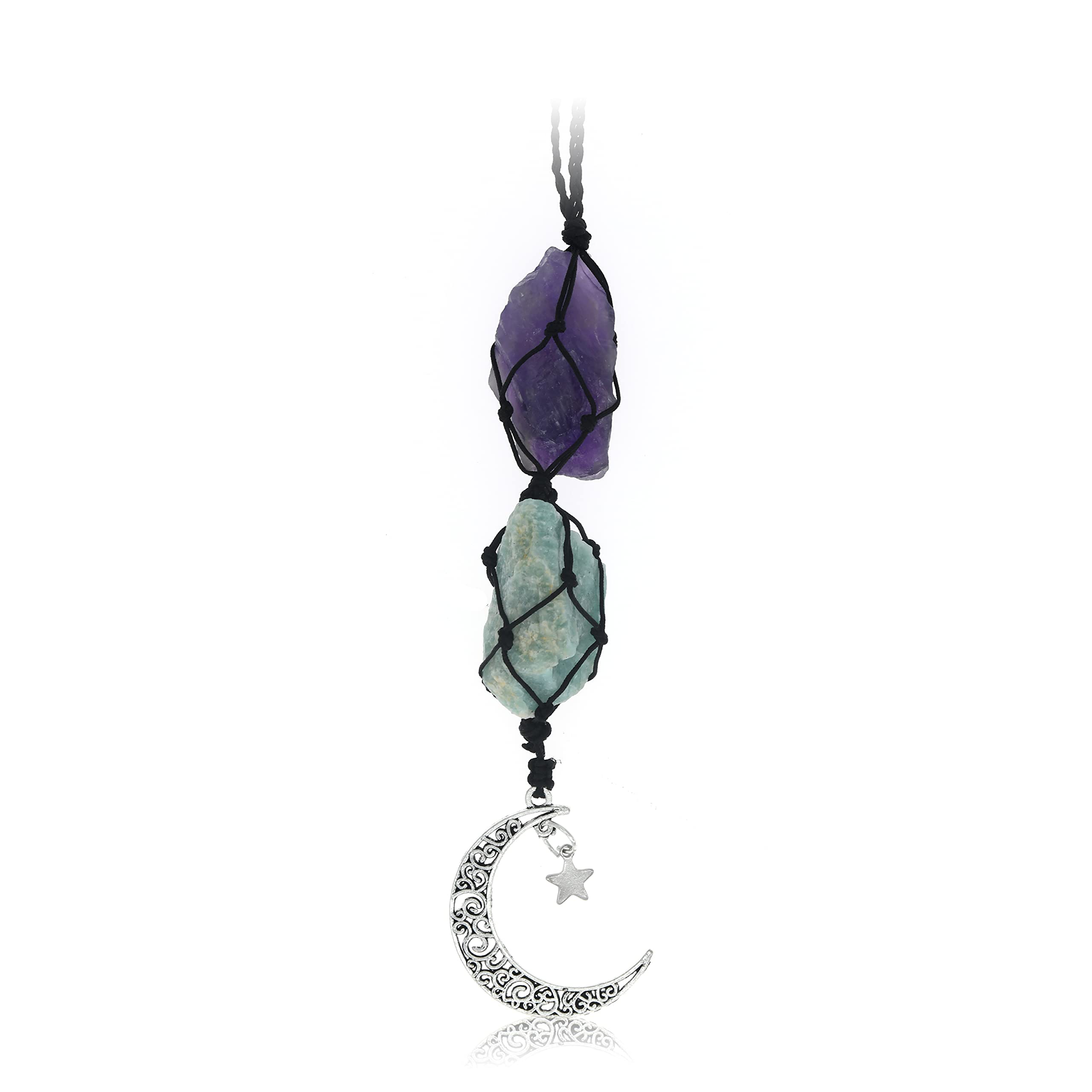 Boho Garden Hanging Car Charm - Amethyst & Amazonite - Dangling Moon & Healing Crystal Accessories, Rearview Mirror Decorations - Balance, Intuition, Spirituality, Self-Love, Honesty, Clarity, Energy