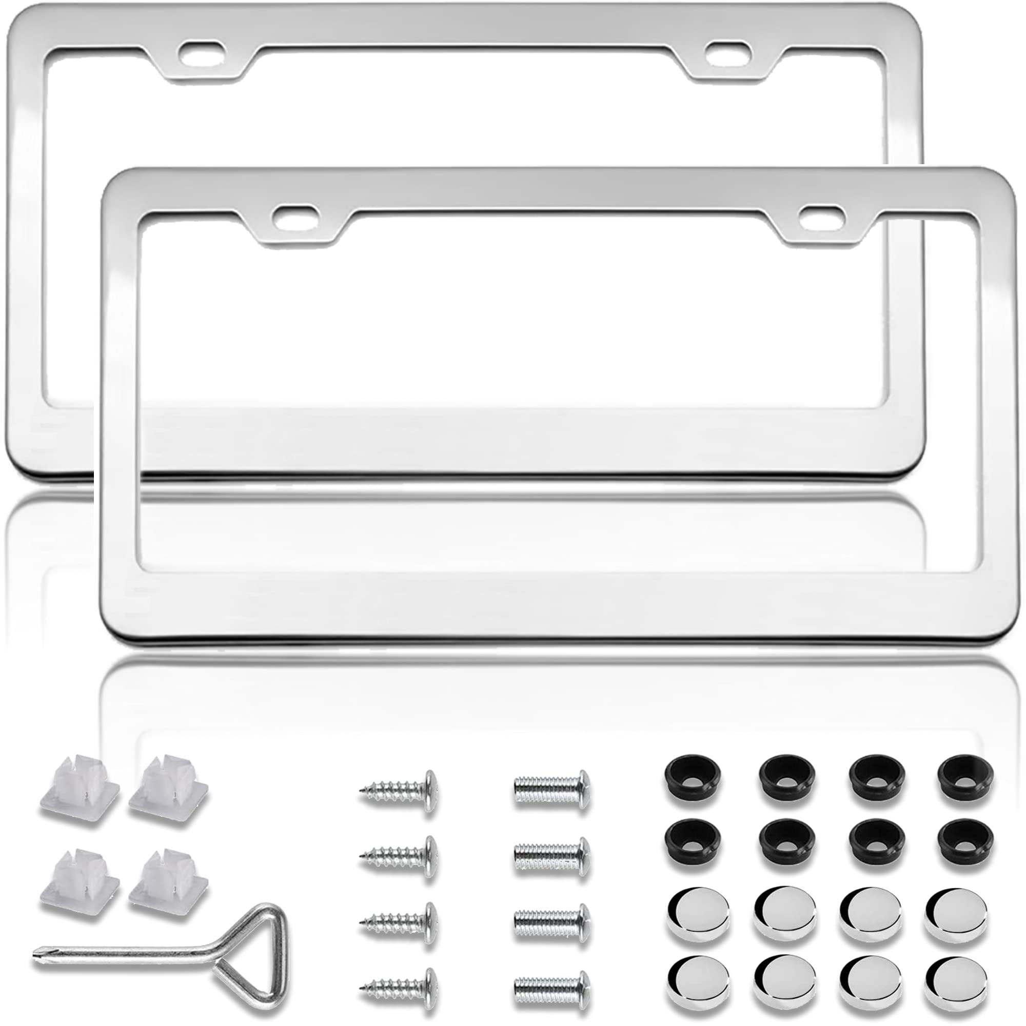 Flamax Mirror Polished Stainless Steel License Plate Frame Metal License Plate Cover License Plate Holder 2 Pcs, Gloss Silver License Plate Frames With Chrome Screw Caps & 2 Holes, Rust-Proof