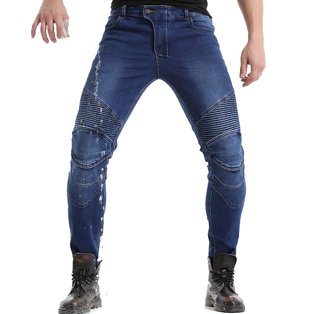 Takuey 2019 Waterproof Men Motorcycle Riding Pants Motocross Racing Jeans With 4 X Knee Hip Pads (S, Blue)