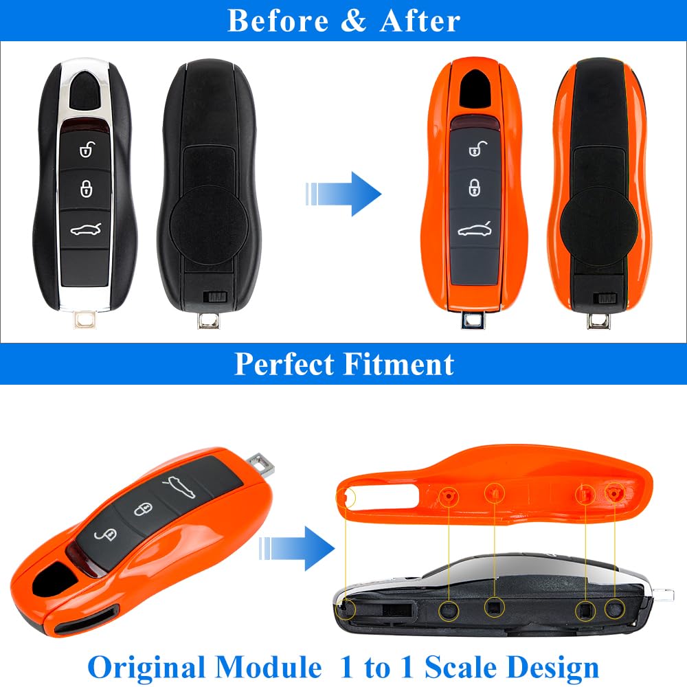Aerobon 3-Piece Painted Key Cover Key Fob Shell Compatible With Porsche Key Shell Replacement (Mk1, Orange)