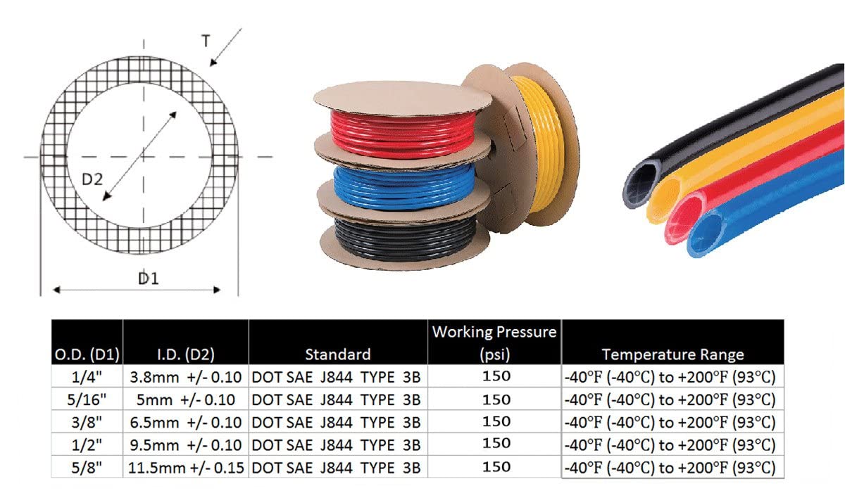 Mytee Products 1/4'' Od X 100' Orange Sae J844 Nylon Air Brake Tubing Dot Approved | Pneumatic Nylon Air Line Hose For Air Brake