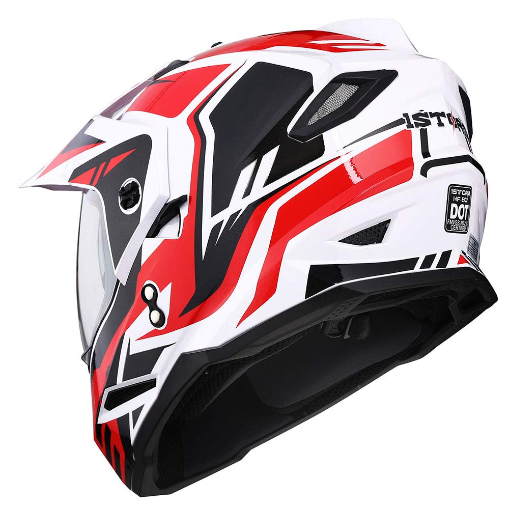 1Storm Dual Sport Motorcycle Motocross Off Road Full Face Helmet Dual Visor Storm Force Red, Size Small