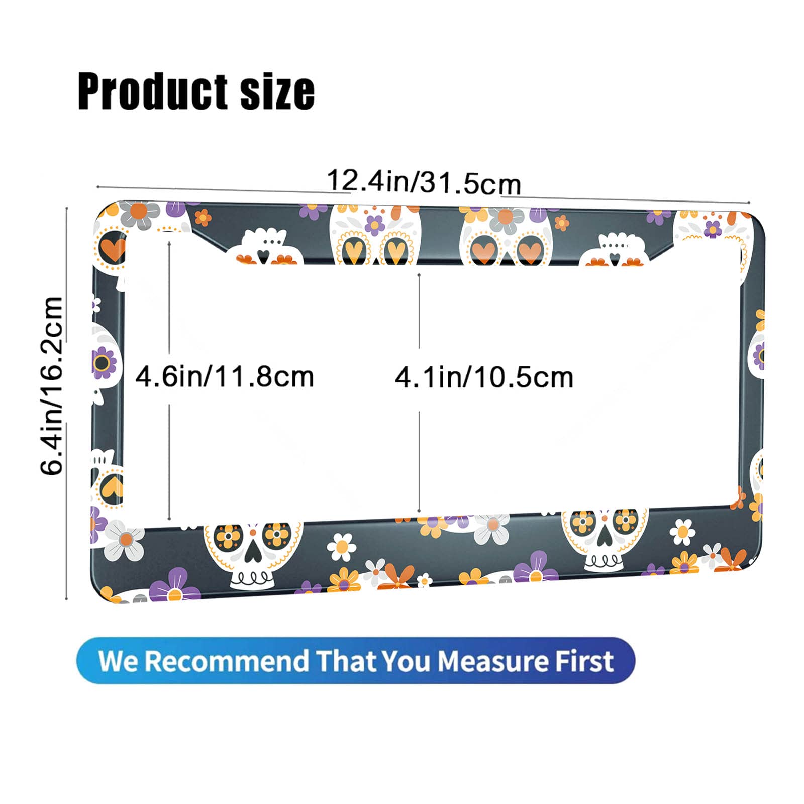 Hosnye Cute Sugar Skulls And Flowers License Plate Frame Halloween Theme Metal License Plate Cover Front Plates Frames Car Tag F