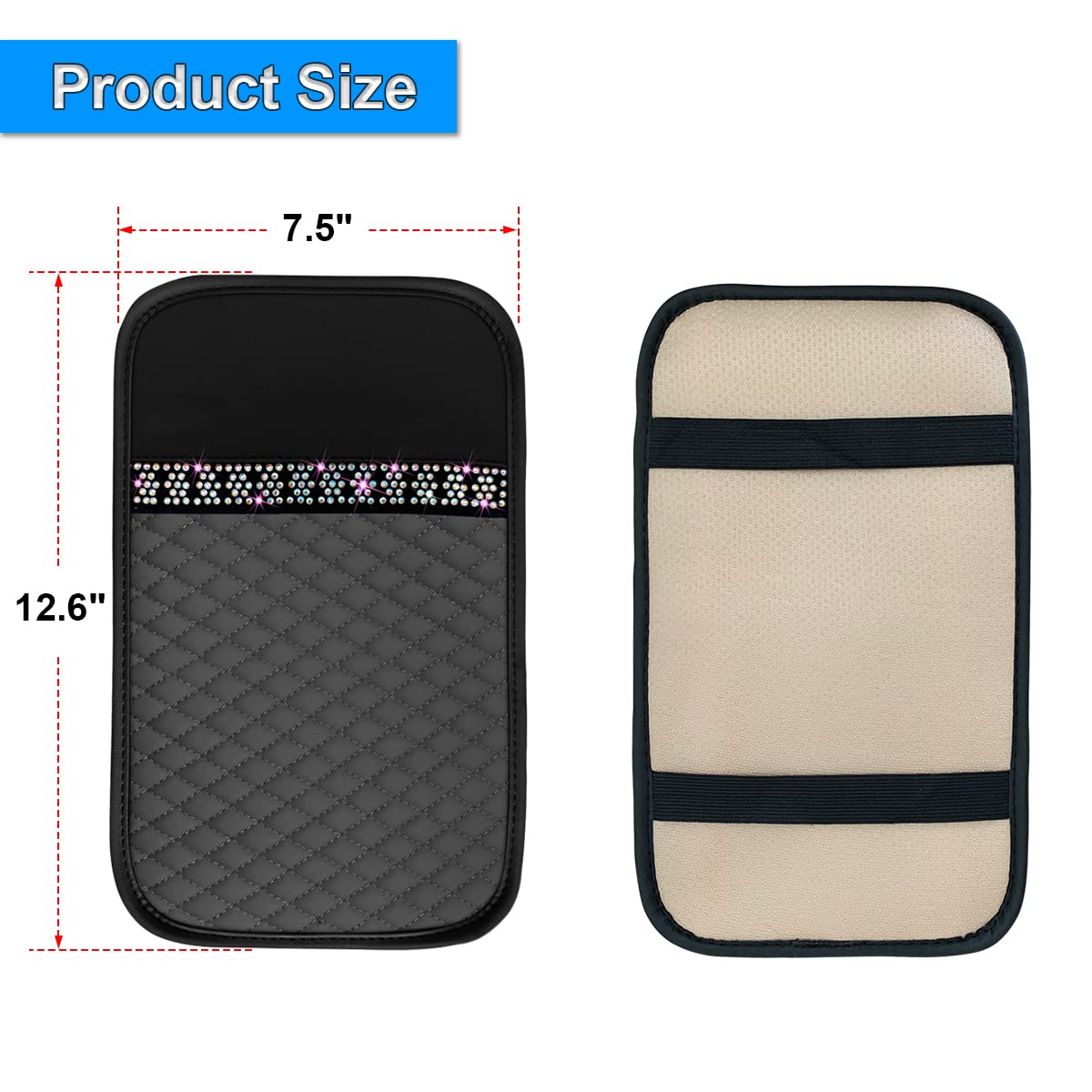 Bling Leather Car Center Console Cover, Car Center Console Protector With Glossy Crystal Rhinestone, Universal Waterproof Car Armrest Seat Box Cover For Most Car, Vehicles, Suvs, Trucks (Gray)