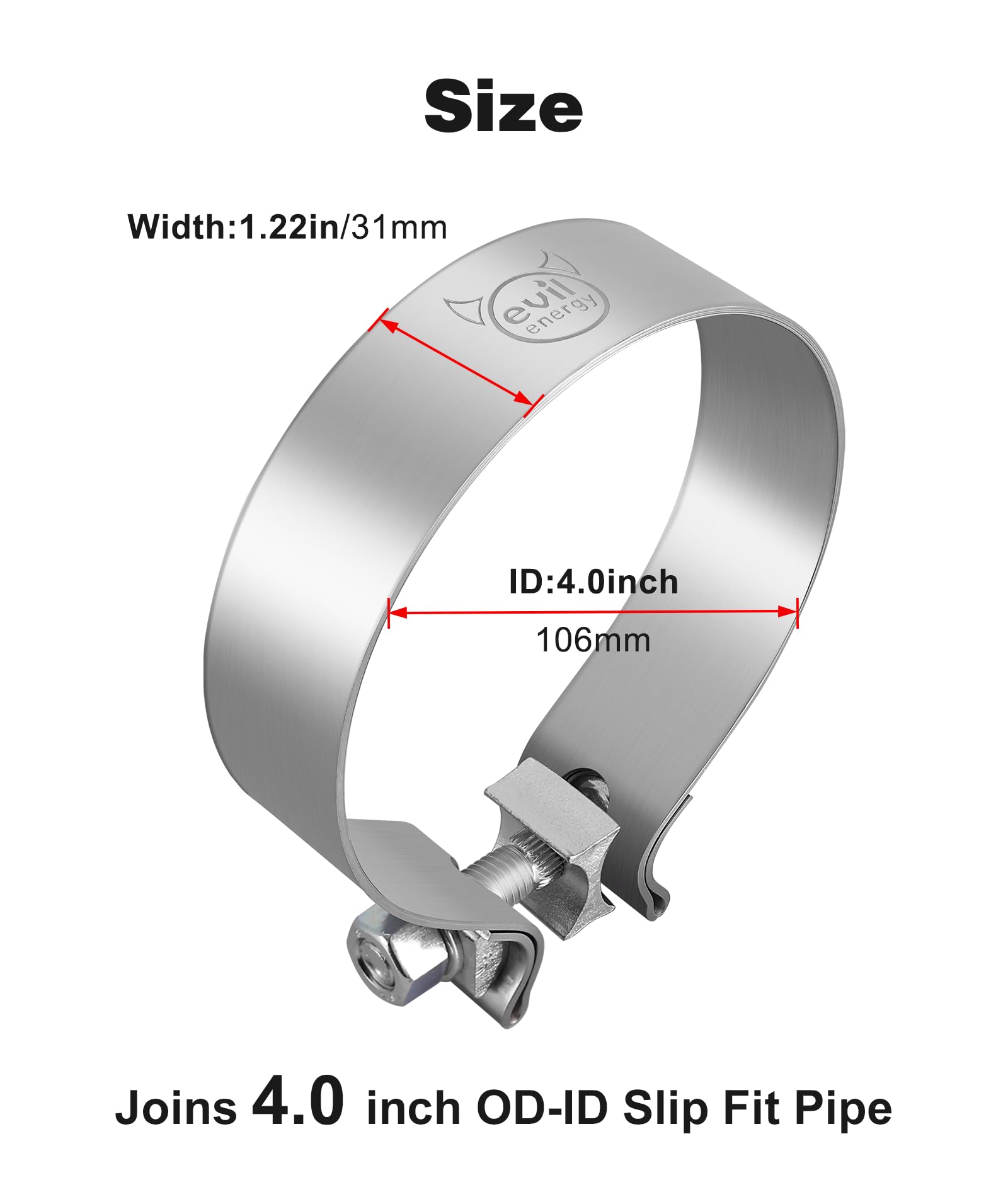 Evil Energy 4.0 Inch Exhaust Clamp,Narrow Band Muffler Clamp Stainless Steel For Pipes,Mufflers,Catalytic Converters
