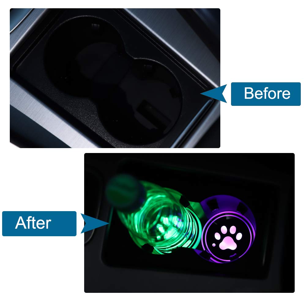ACODABLEM 2 Pack LED Cup Holder Lights, Dog Paw Car Coaster with 7 Colors Changing USB Charging Mat, Luminescent Cup Pad Interio