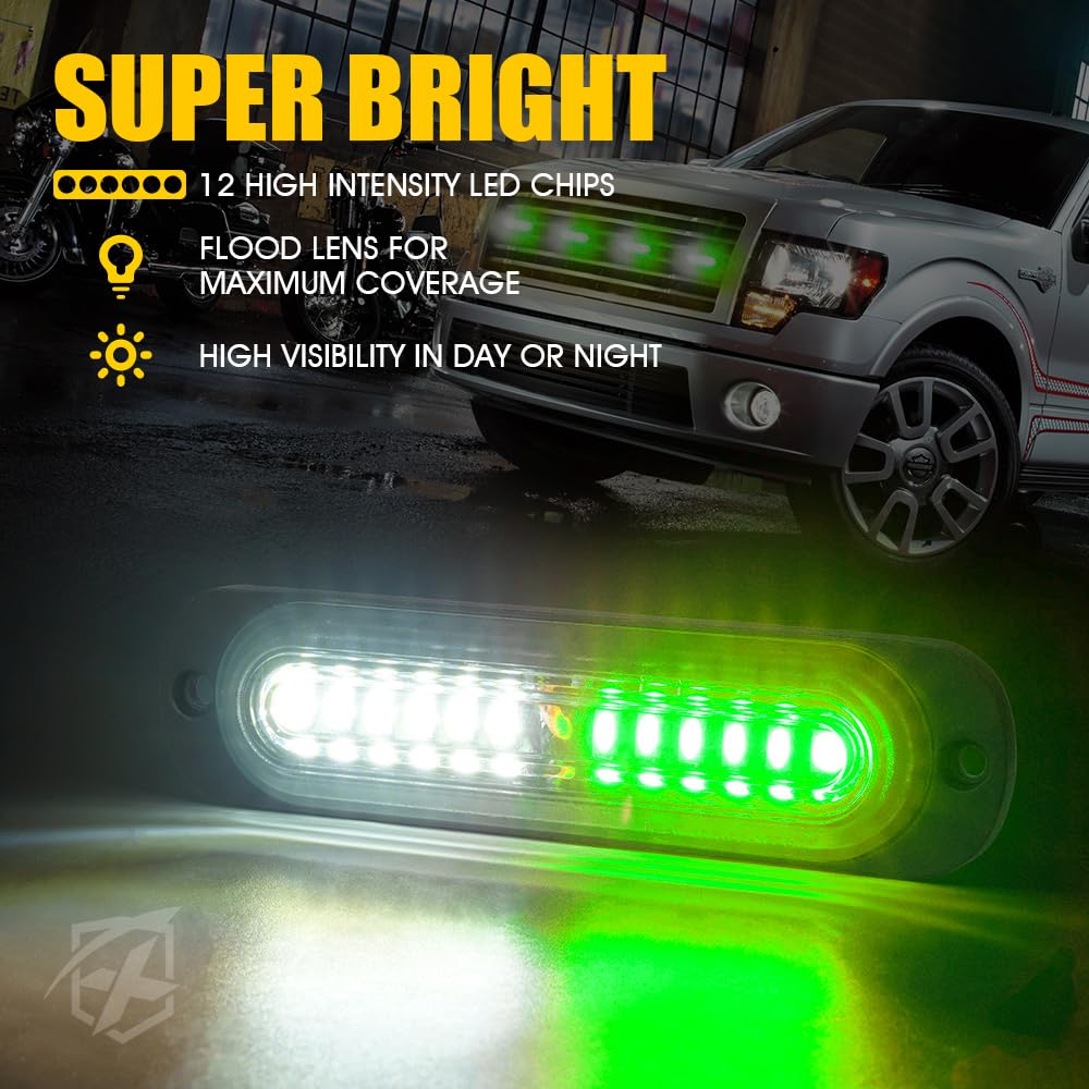 Xprite White Green Led Surface Mount Strobe Lights Kit, W/Control Panel Emergency Safety Warning Flashing Grille Cop Marker Ligh