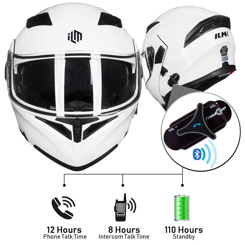 Ilm Bluetooth Motorcycle Helmet Modular Flip Up Full Face Dual Visor Mp3 Intercom Fm Radio Dot Model 902Bt(White, M)