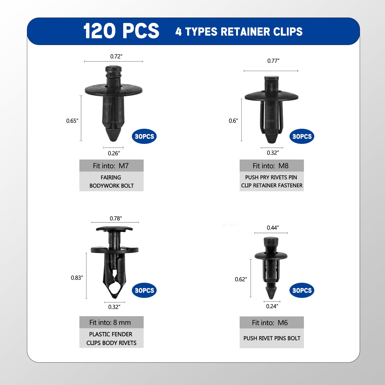 Xislet 120pcs Plastic Fender Clips Body Rivets Compatible with UTV ATV Motorcycle Sportsbike Push Pin Fairing M6 M7 M8 Retainer