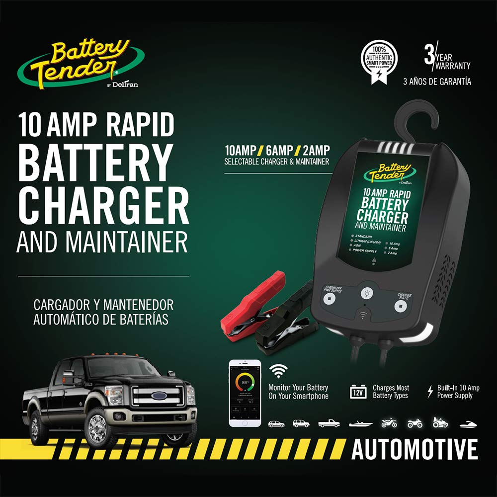 Battery Tender 10 Amp 12V Battery Charger And Maintainer - Automotive Switchable 10 Amp / 6 Amp / 2 Amp - Selectable Chemistry Standard Lithium Agm - Cars Suvs Trucks – 022-0229-Dl-Wh