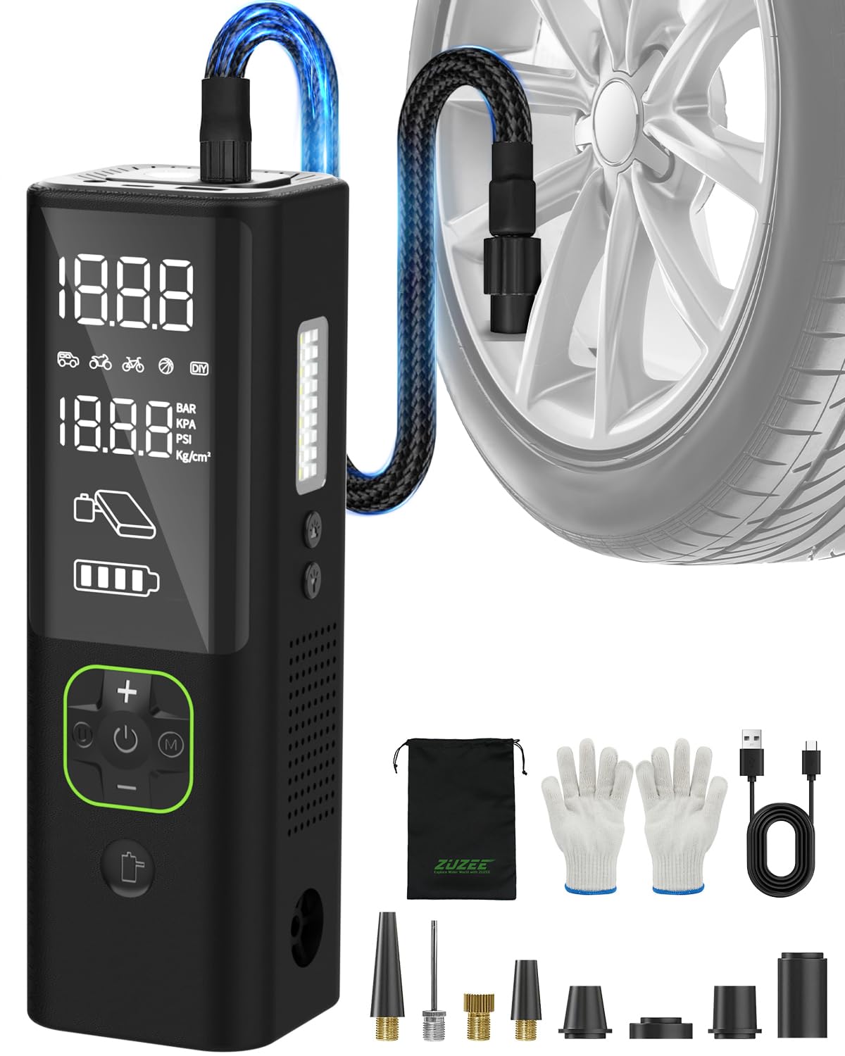 Portable Air Compressor, Zuzee 3X Faster Portable Tire Inflator  150Psi, Triple Lcd, Multi Inflation Mode  Air Pump For Tires Of