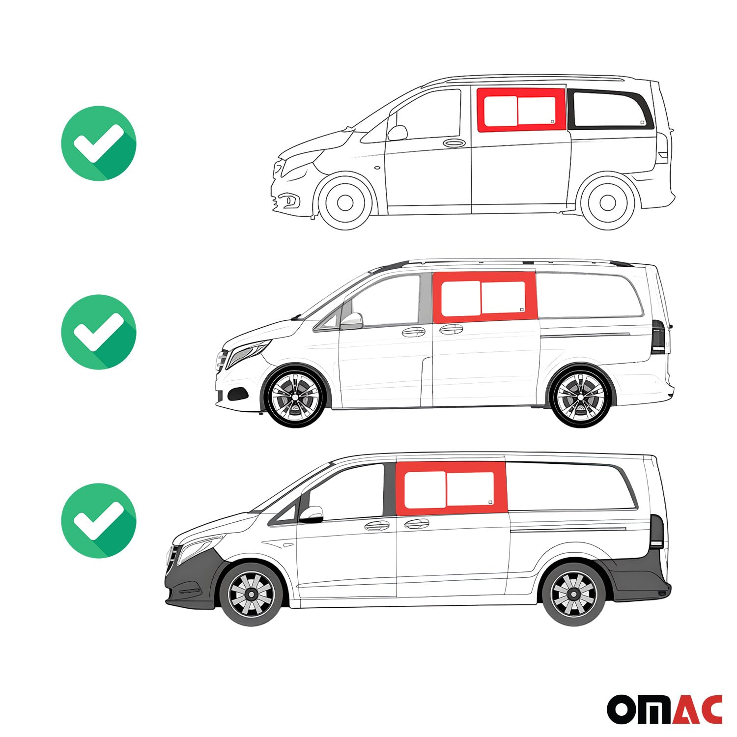 Omac Sliding Window Glass For Mercedes Metris 2016-2024 Front Left Side L2 L3 Black