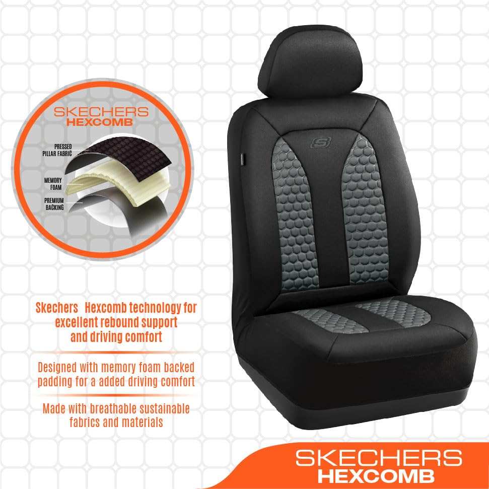 Skechers Memory Foam Car Seat Covers, Hexcomb Breathable Thick Seat Covers Two Front Seat Covers, Airbag Compatible, Automotive