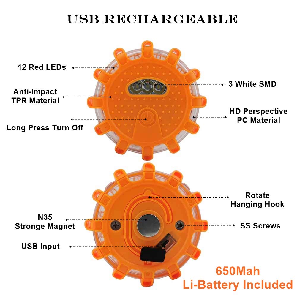 Ecoangel Usb Rechargeable Led Road Flares Emergency Lights-Roadside Warning Car Safety Beacon Flashing Disc Flare Kit With Magne