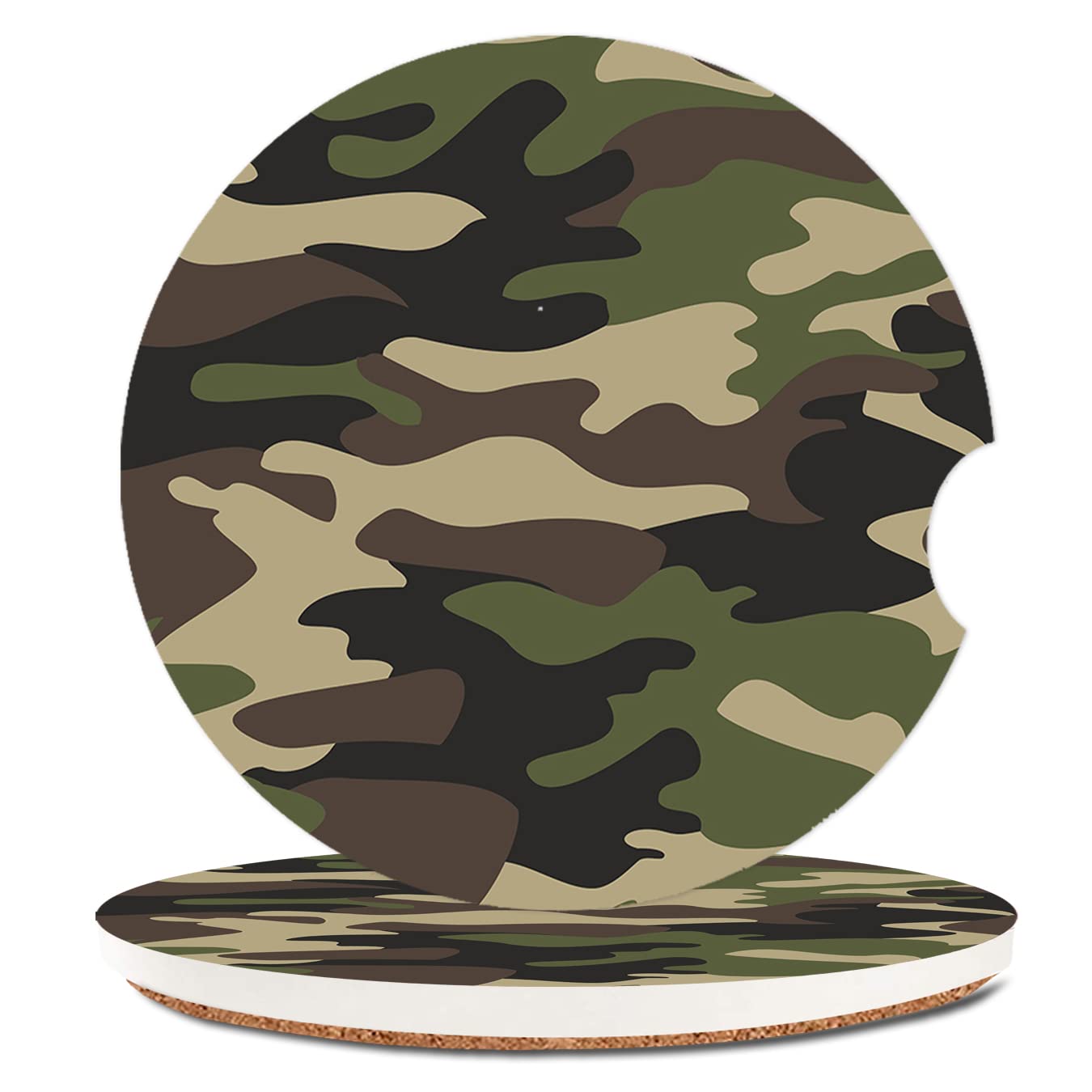 Absorbent Car Cupholder Coaster 2 Pack,Ceramic Stone Coaster With A Finger Notch For Women & Lady,Cork Base Drink Coasters 2.56 Inch,Cute Auto Accessories Gifts - Green Camouflage Camo