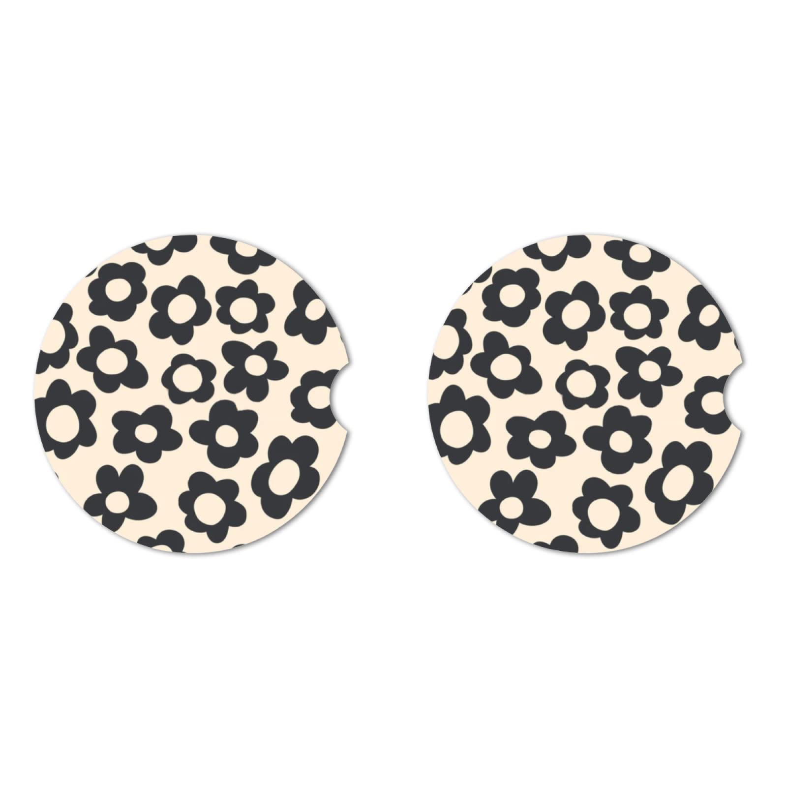 Abstract Black Flower Absorbent Car Cup Coasters,Cup Holders,Cork Base Drink Coasters With Finger Notch For Easy Move Of Car Cup