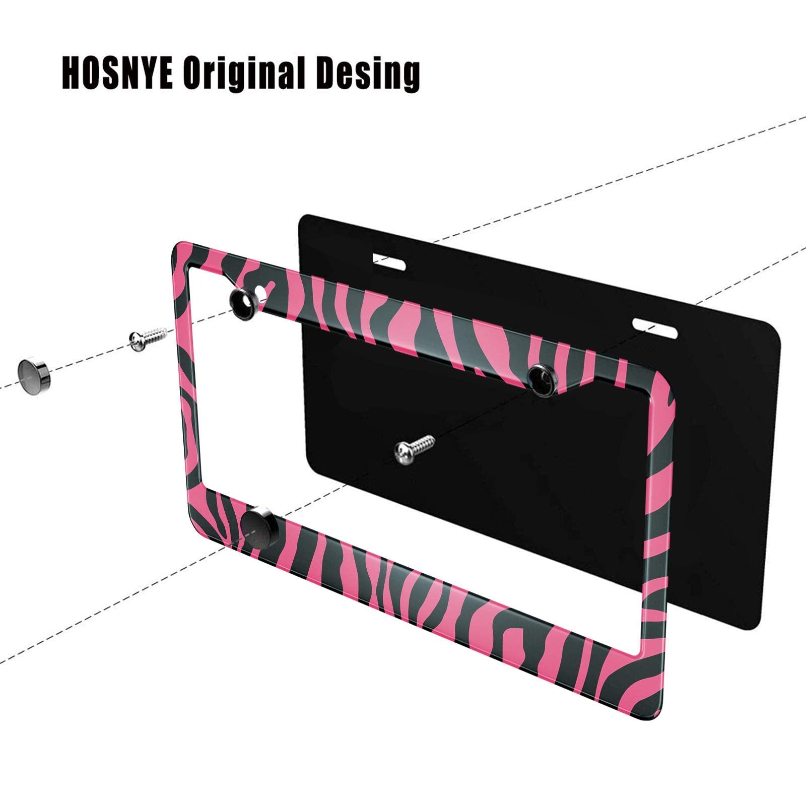 HOSNYE Zebra Print License Plate Frame Wild Pink Zebra Print Metal License Plate Cover Front Plates Frames Car Tag Frame for Wom