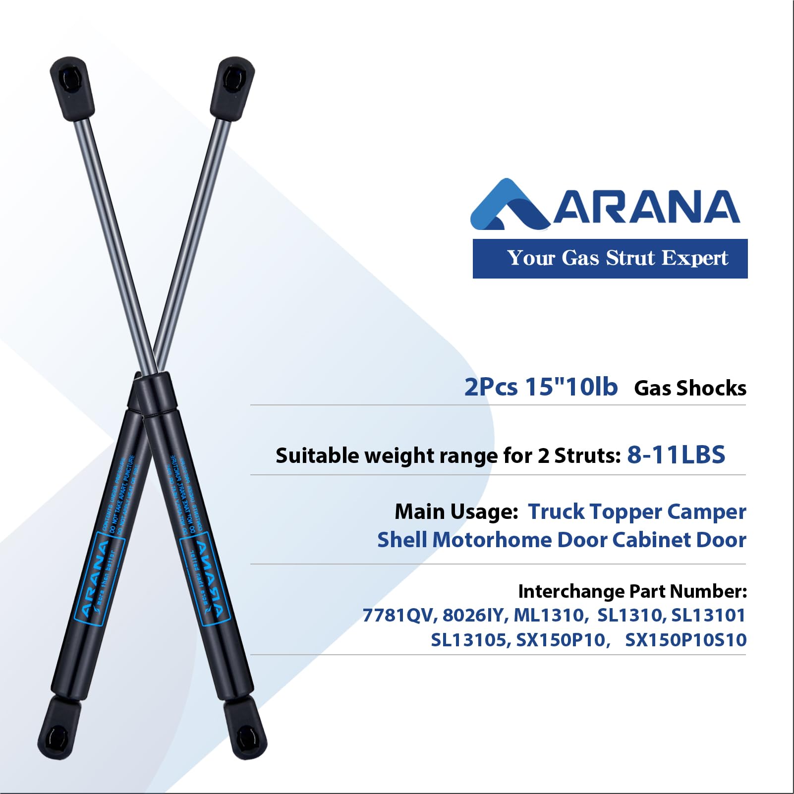 Arana Sl1310 15 Inch 10 Lb Gas Struts Spring Shocks Ml1310 15 Inch 10Lb Lift Support For Truck Topper Camper Shell Motorhome Doo