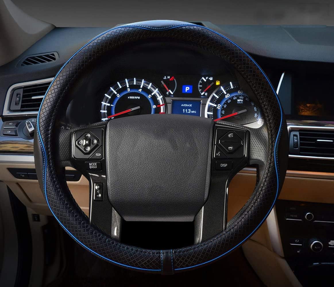 Valleycomfy Steering Wheel Covers Universal 15 Inch - Genuine Leather, Breathable, Anti Slip & Odor Free (Black With Blue Lines,