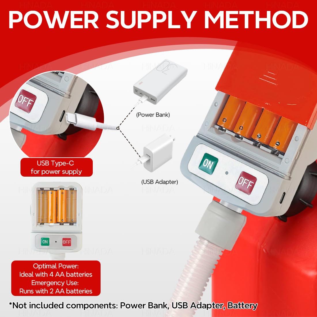 HiNADA Auto-Stop Fuel Transfer Pump - USB Type-C or Battery Power, Portable 3.2 GPM with 51'' Extra Long Hose, 4 Can Adapters &