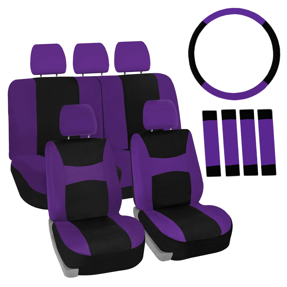 FH Group Full Set Car Seat Covers Cloth, Universal Fit combo, Set with Steering Wheel Cover and Seat Belt Pad fits Most Cars, SU