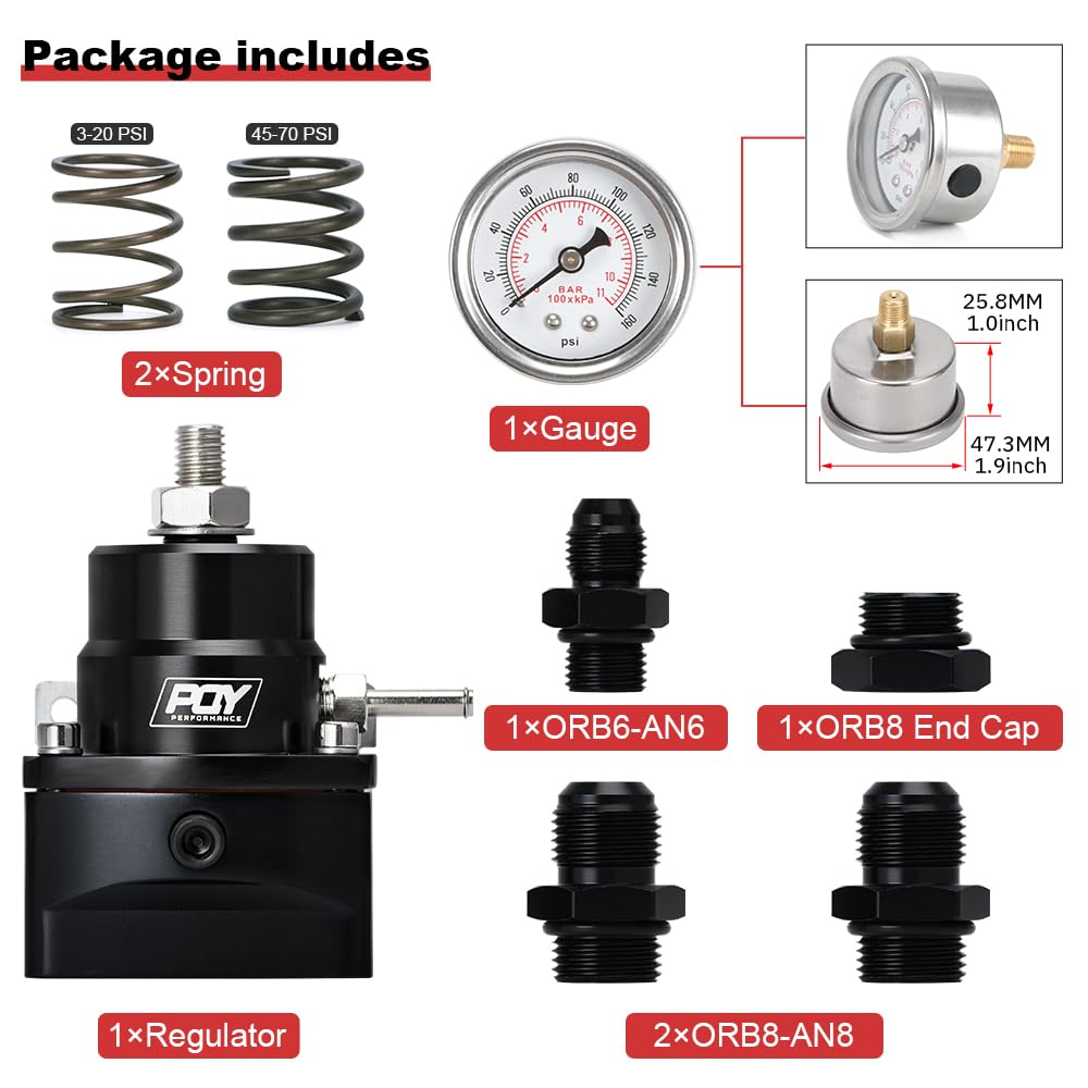 PQY Adjustable Fuel Pressure Regulator Kit 3-70PSI with AN8 Feed Port and AN6 Return Port (black)
