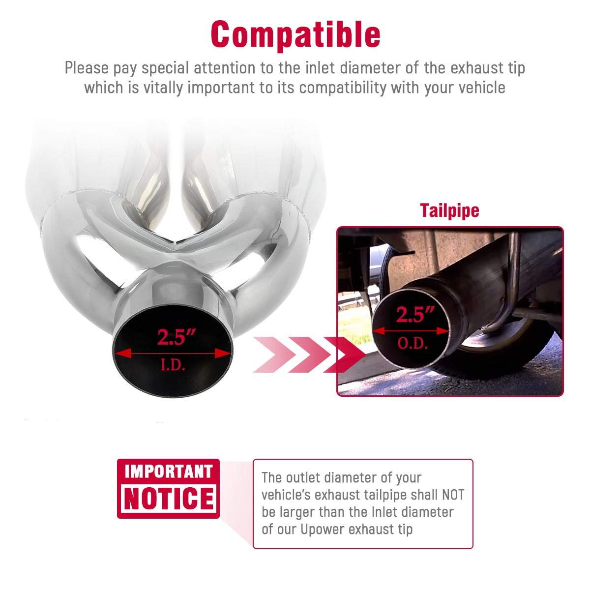 Upower 2.5 Inch Inlet 3.5 Inch Outlet Dual Exhaust Tips Tailpipe 2.5'' to 3.5'' 9.75'' Length 304 Stainless Steel Polished Vacuu