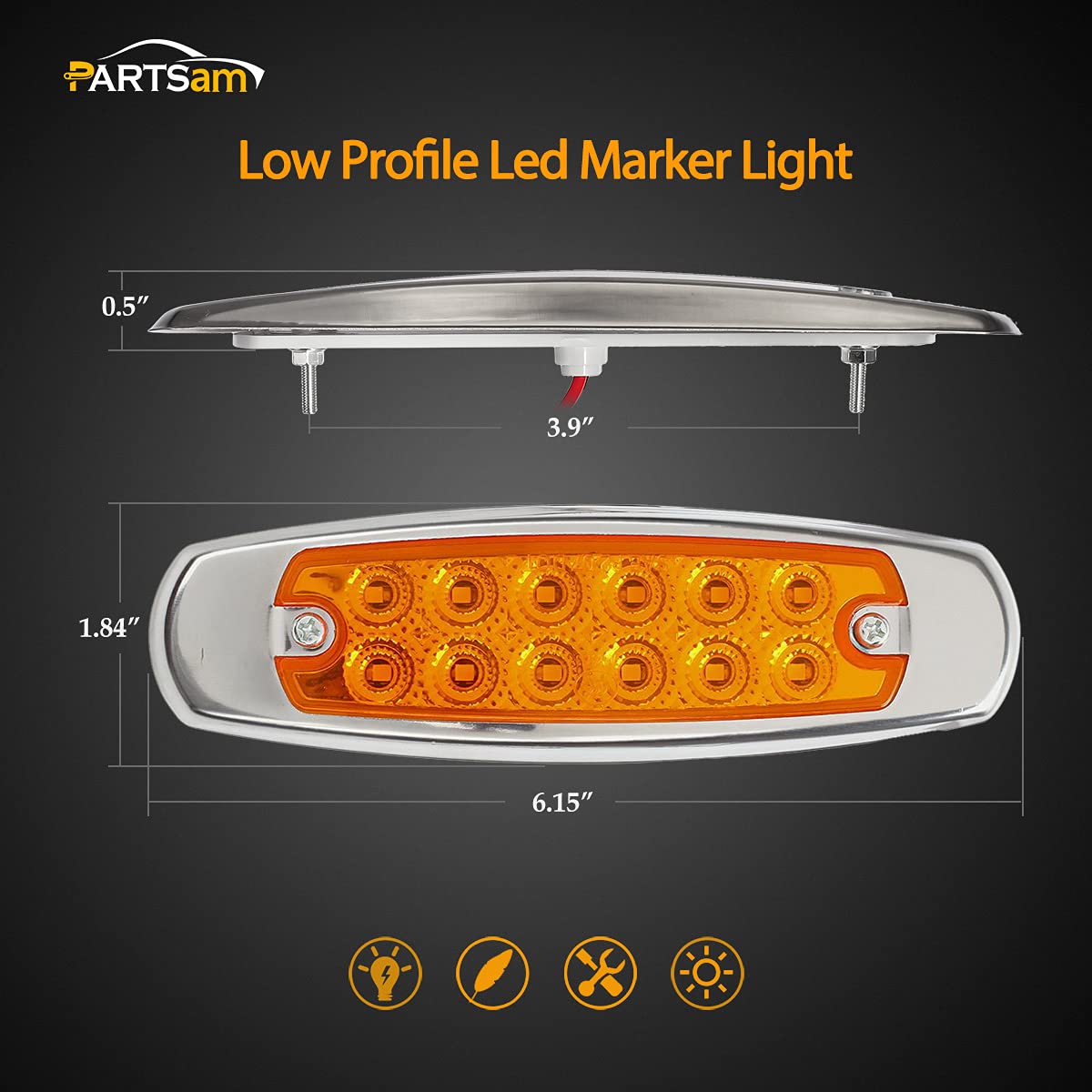 Partsam 10Pcs 6.2'' Amber 12Led Side Marker Clearance Lights With Stainless Steel Bezel For Trailer Truck Rv Camper 12V
