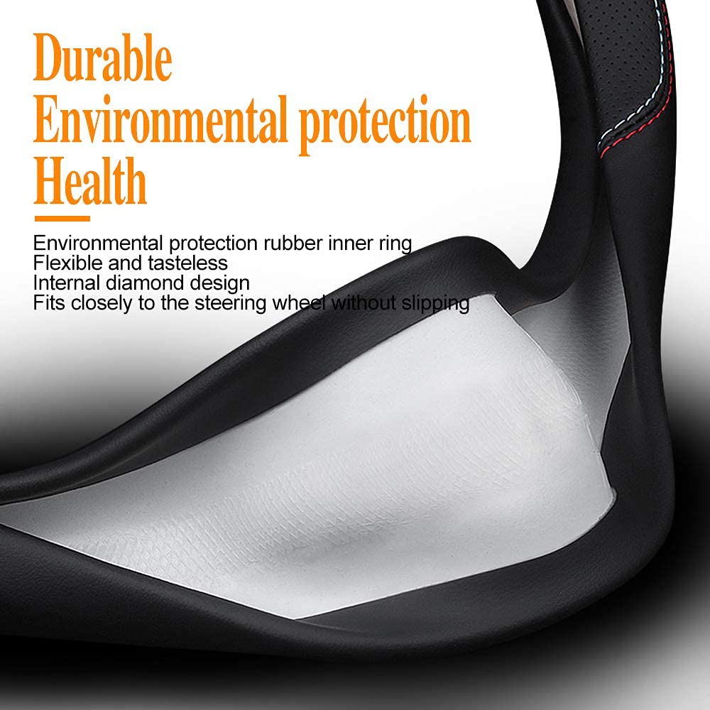 Carodi Latest Nappa Leather Car Steering Wheel Cover, Stylish Non-Slip Leather Car Interior 15 Inches Universal Black(Red And Blue Signs)