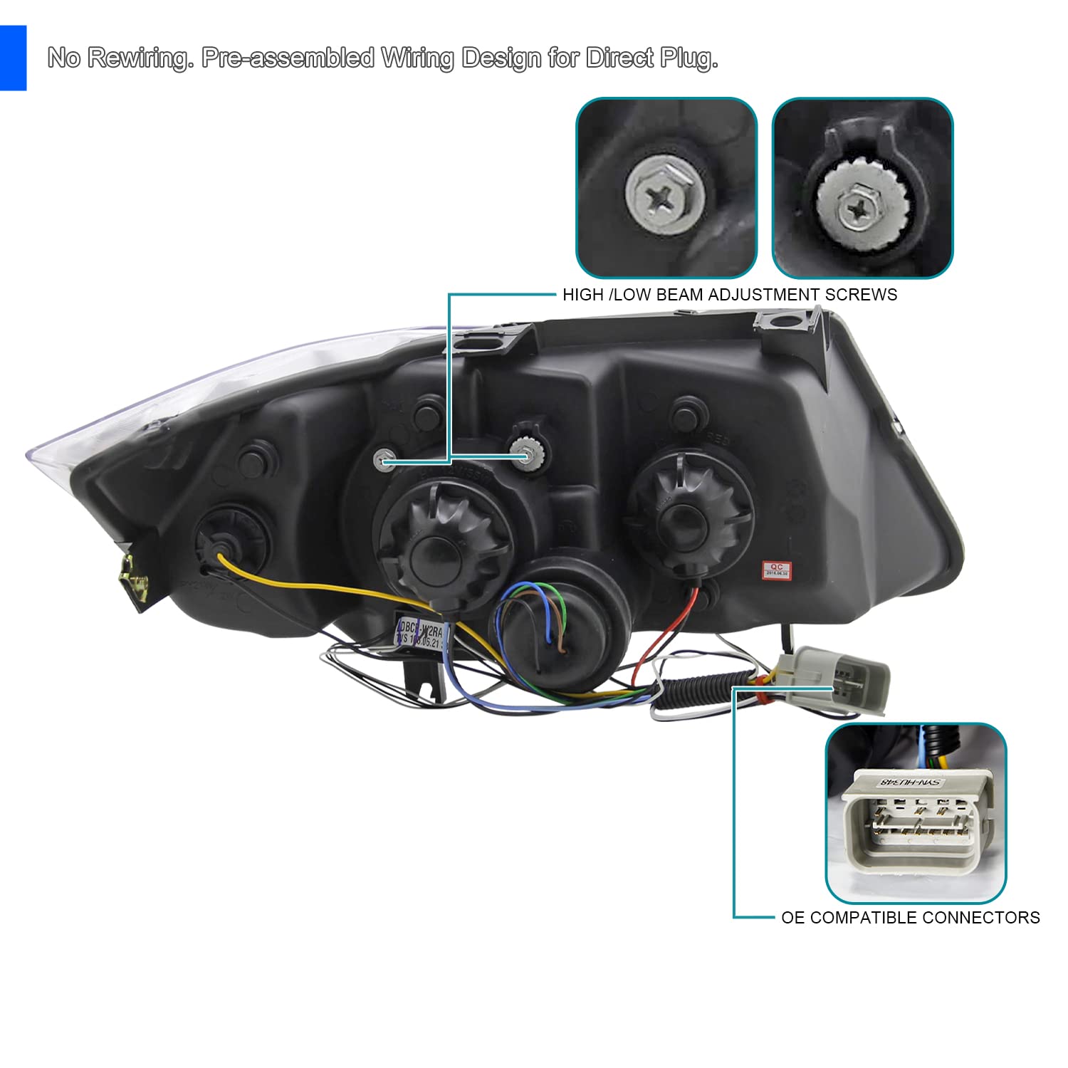 Spec-D Tuning Led Strip Black Projector Headlights Compatible With 2006-2008 Bmw E90 3-Series 4 Door Sedan, Left + Right Pair Headlamps Assembly