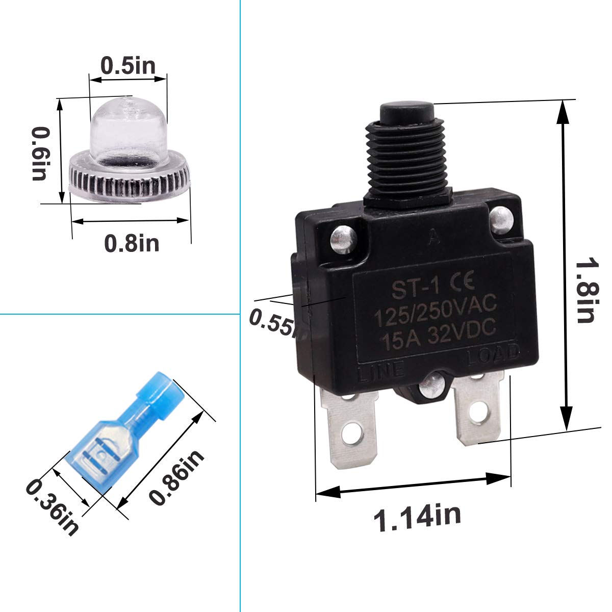 Mxuteuk 5Pcs 15Amp Circuit Breakers Push Button Manual Reset 125/250V Ac 32V Dc,Overload Protector Switch Thermal Circuit Breakers With Quick Connect Terminals And Waterproof Button Caps St1-5-15A