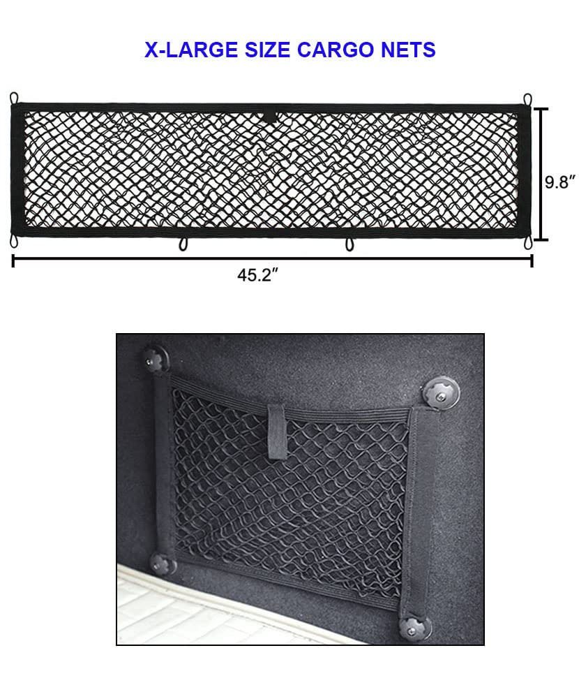 2 Pack, JE Extra Large Cargo Net for Trunk, RV, Boats Storage Mesh Pocket Net with 6 Mounting Screw/Built-in Hooks and 6 Carabin