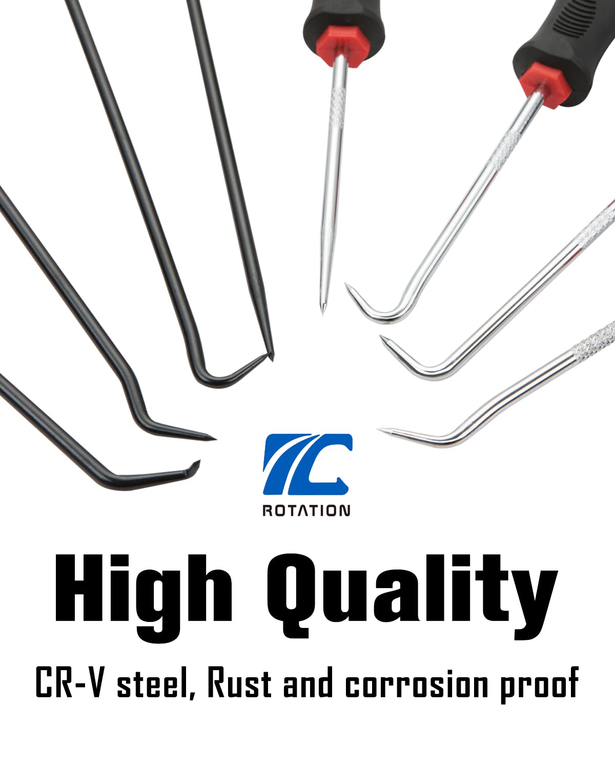 Rotation Precision Hook And Pick Set With Scraper, 9 Piece Set, Chrome Vanadium Steel Shaft, For Remove Hoses And Gaskets, Auto