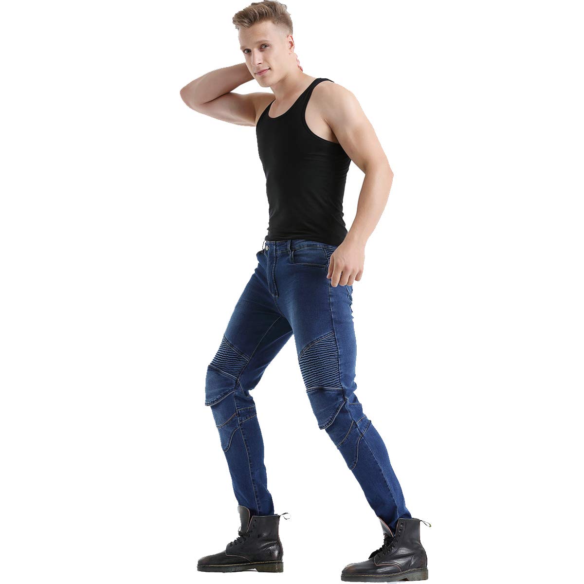 Takuey 2019 Waterproof Men Motorcycle Riding Pants Motocross Racing Jeans With 4 X Knee Hip Pads (S, Blue)