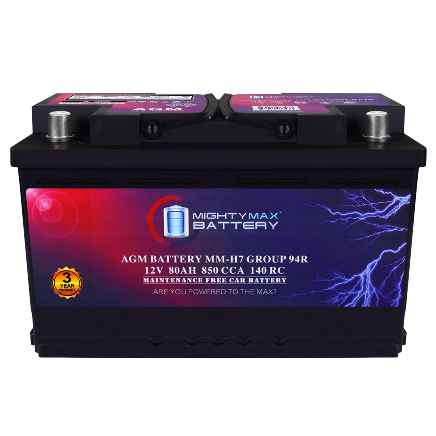Mighty Max Battery MM-H7 Start and Stop Car BCI Group Size 94R 12V 80AH, 140RC, 850 CCA Rechargeable AGM Car Battery
