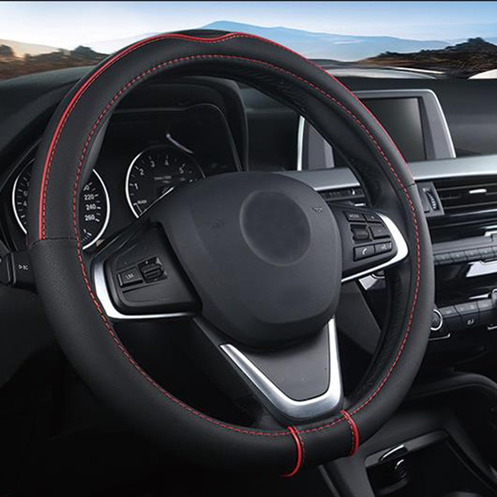 Shiawasena Auto Car Steering Wheel Cover, Universal 15 Inch Fit, Soft Leather, Breathable Anti Slip (Black&Red)