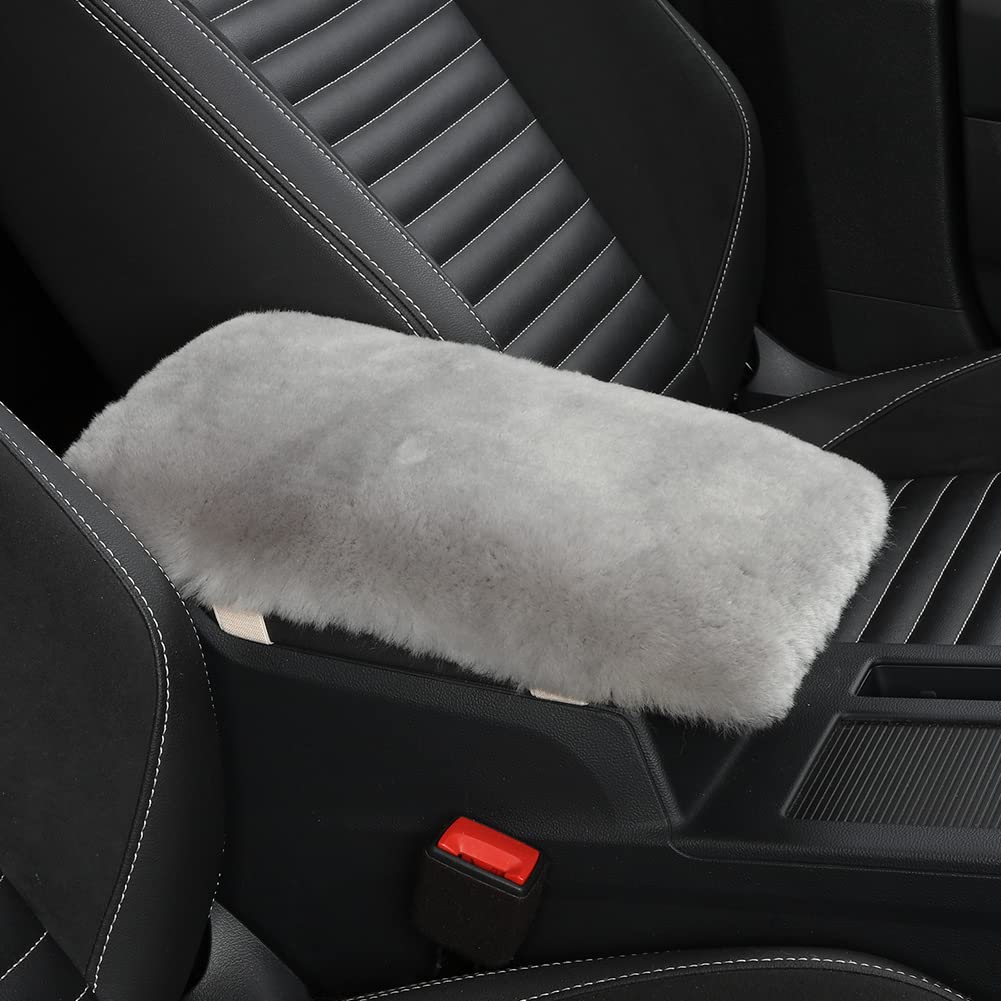 Iriwool Sheepskin Armrest Cover Auto Center Armrest Cover Car Soft Console Pad, Fluffy Wool Auto Center Console Cover For Most Car Arm Rest Decoration Protector 7 X 13 Inch (Shearling, Light Gray)