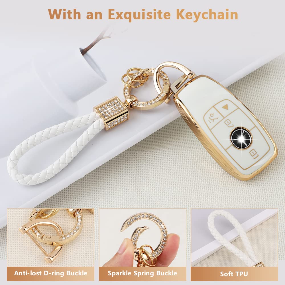 Pifoog Key Fob Cover For Mercedes Tpu White Gold Bling Keychain Accessories Fit Benz Gla Gle Glb Gls Glc Cla Cls C300 Amg A E S