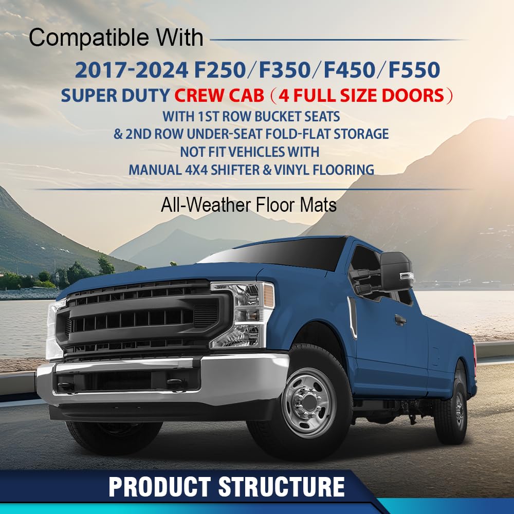 Pit66 Floor Mats Compatible With 2017-2024 Ford F250 F350 F450 F550 Super Duty Crew Cab (4 Full Size Doors), Tpe 3-Piece Premium