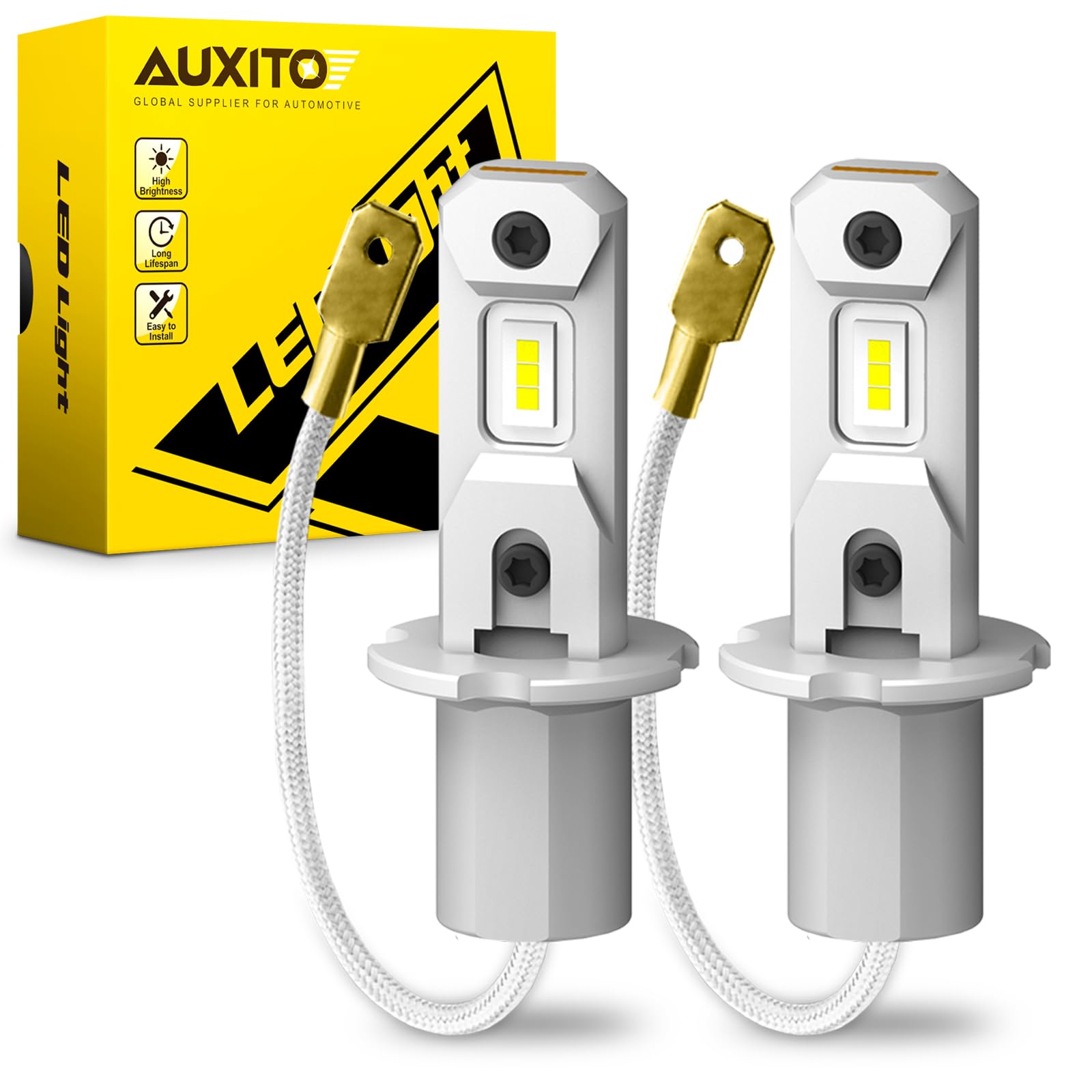 Auxito H3 Led Fog Light Bulbs 6500K White, 300% Brighter Csp Chips, 1:1 Mini Size, Plug N Play, H3Ll Led Bulb Light For Fog Lamp