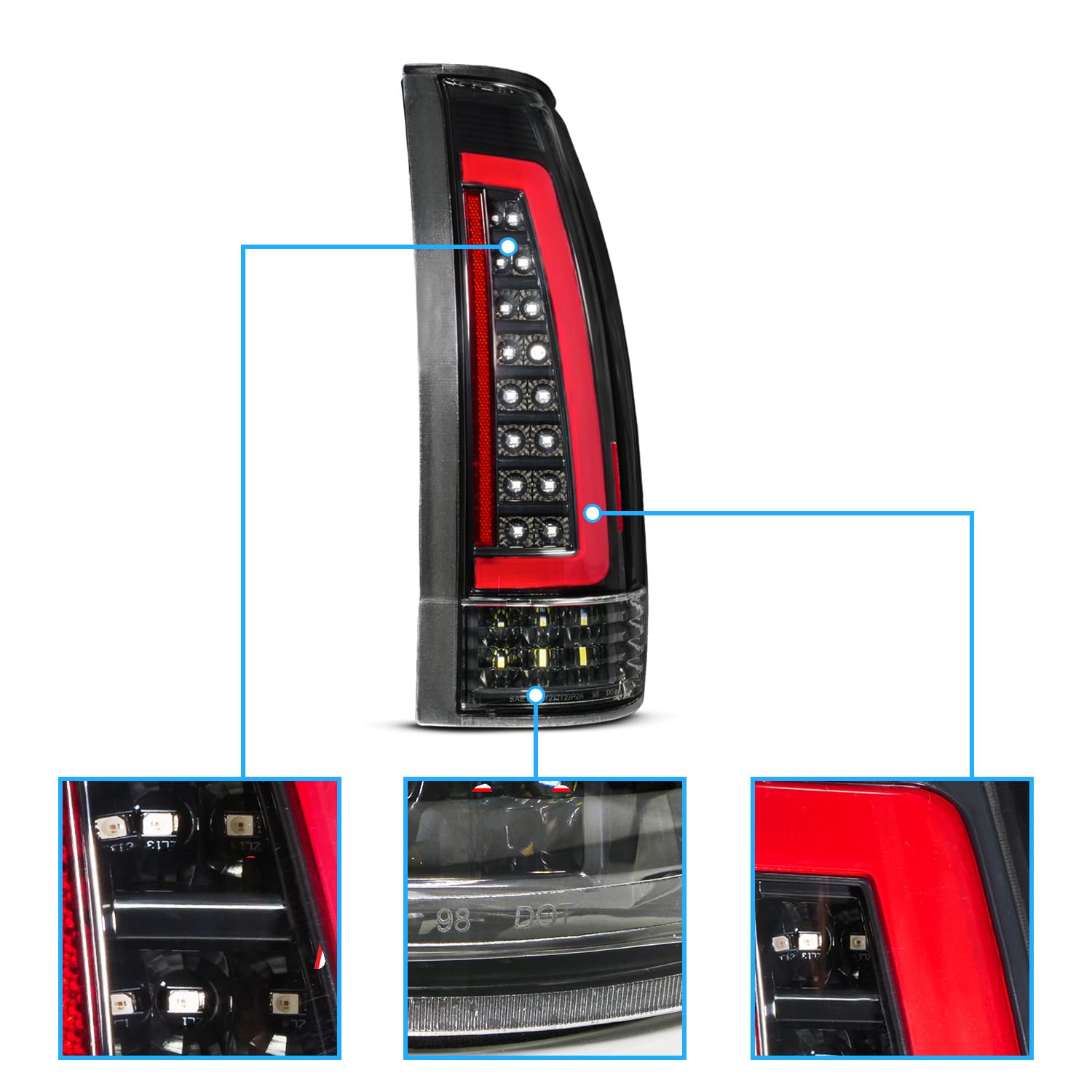 AmeriLite Full LED C-Type Tube Tail Lights Assembly Set for 1988-2000 Chevy GMC C/K Truck - Clear Matte Black - Driver & Passenger Side