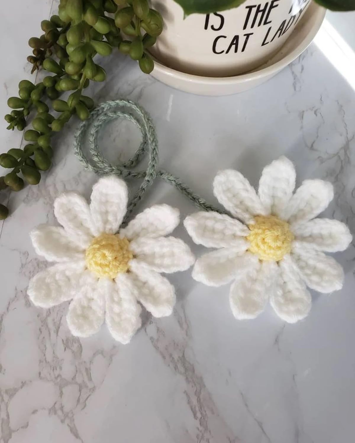 Crochet Daisy Car Accessories for Women Girls Cute Rear View Mirror Hanging Charms Handmade Daisy Flower Gifts for Crochet Lover